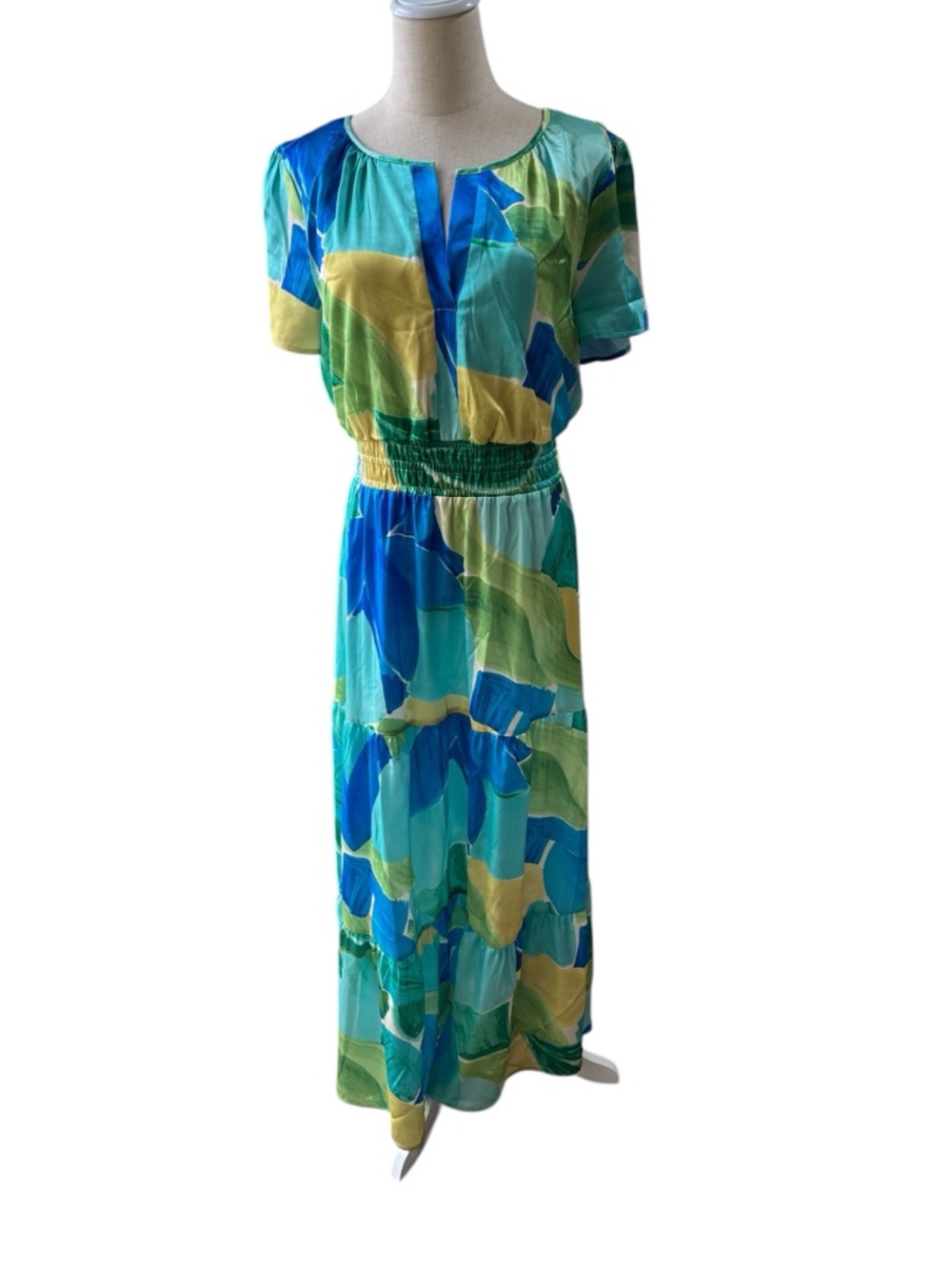 NICOLE MILLER Green and Blue Elastic Waistband Maxi Dress